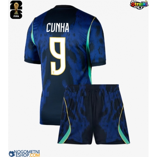 Otroški Nogometni dresi Brazilija Matheus Cunha #9 Gostujoči SP 2026 Kratek Rokav (+ Kratke hlače)